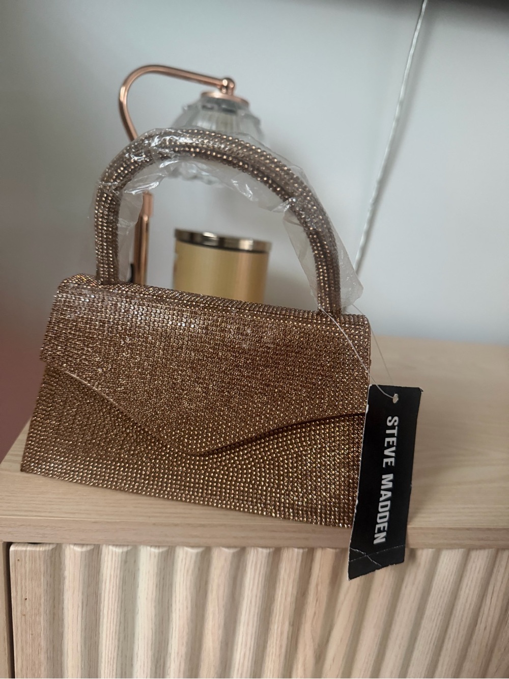 Steve Madden Rose Gold Crystal Mini Top-Handle Bag